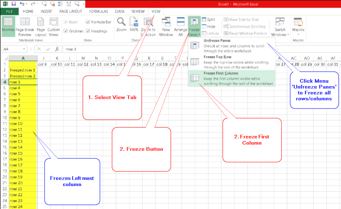 ms office freezingfirst column using freeze panes